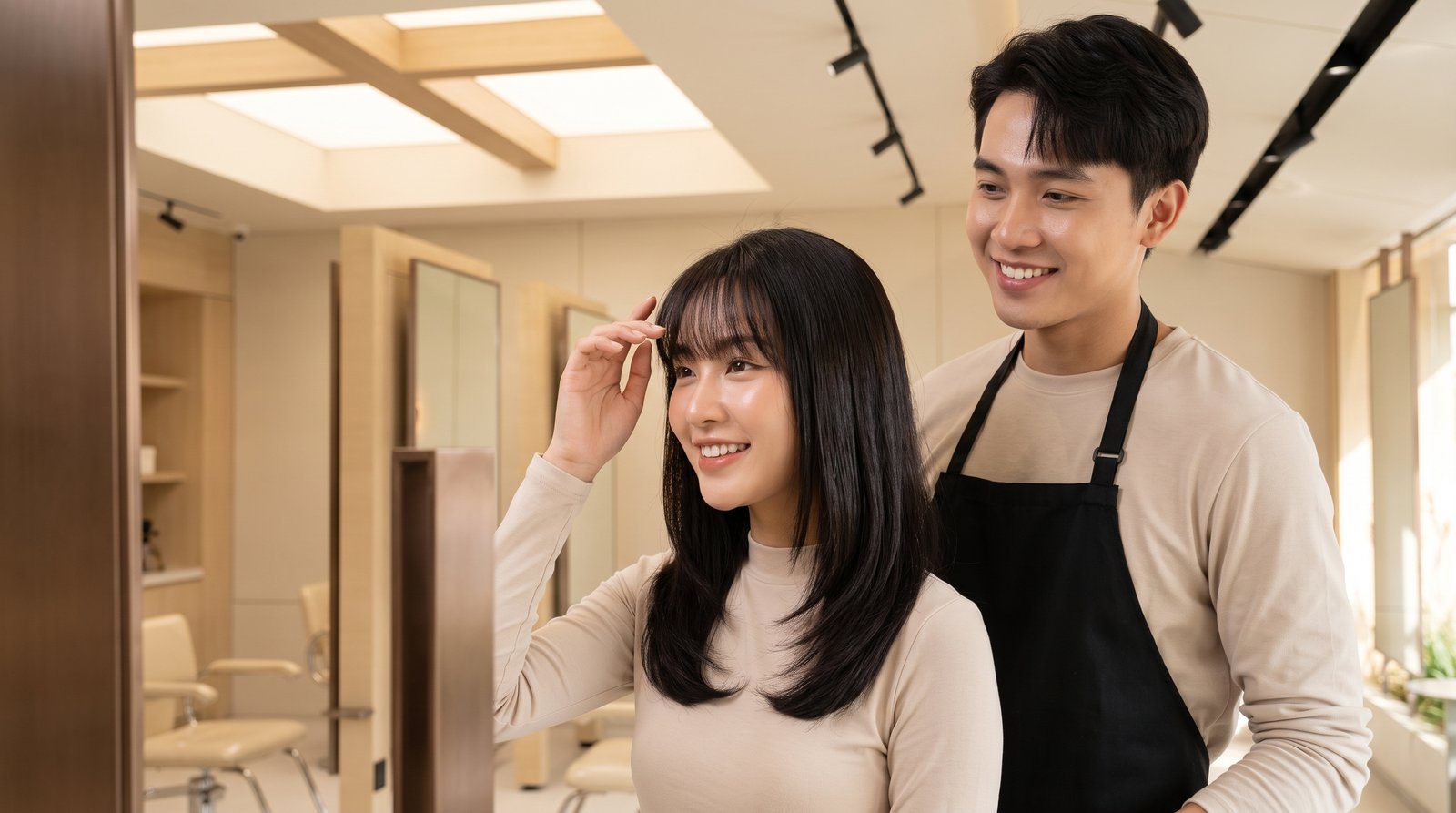 Khách soi gương kiểm tra mái thưa wispy bangs vừa cắt xong