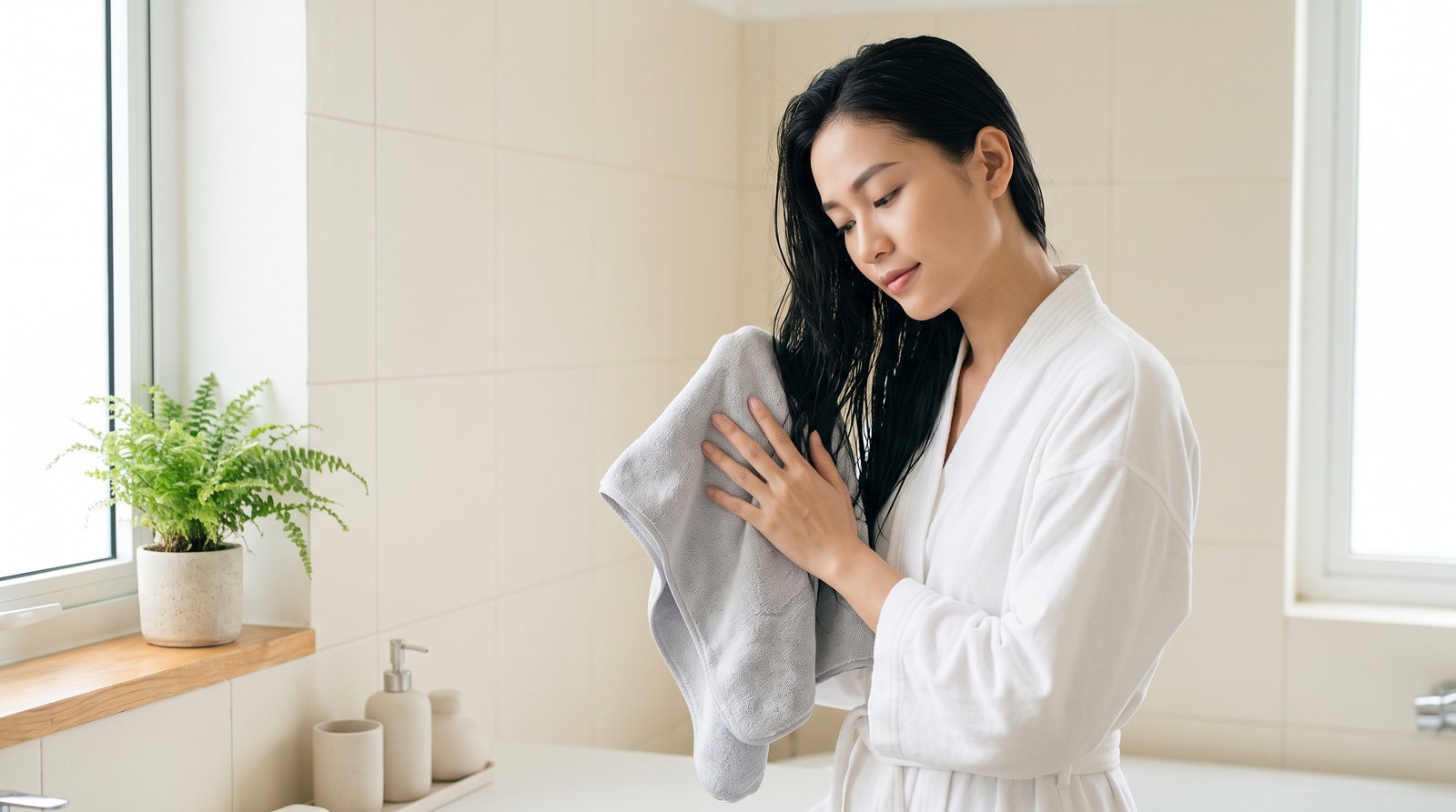 Lau thấm tóc ướt bằng khăn mềm trước khi sấy để giảm thời gian sấy