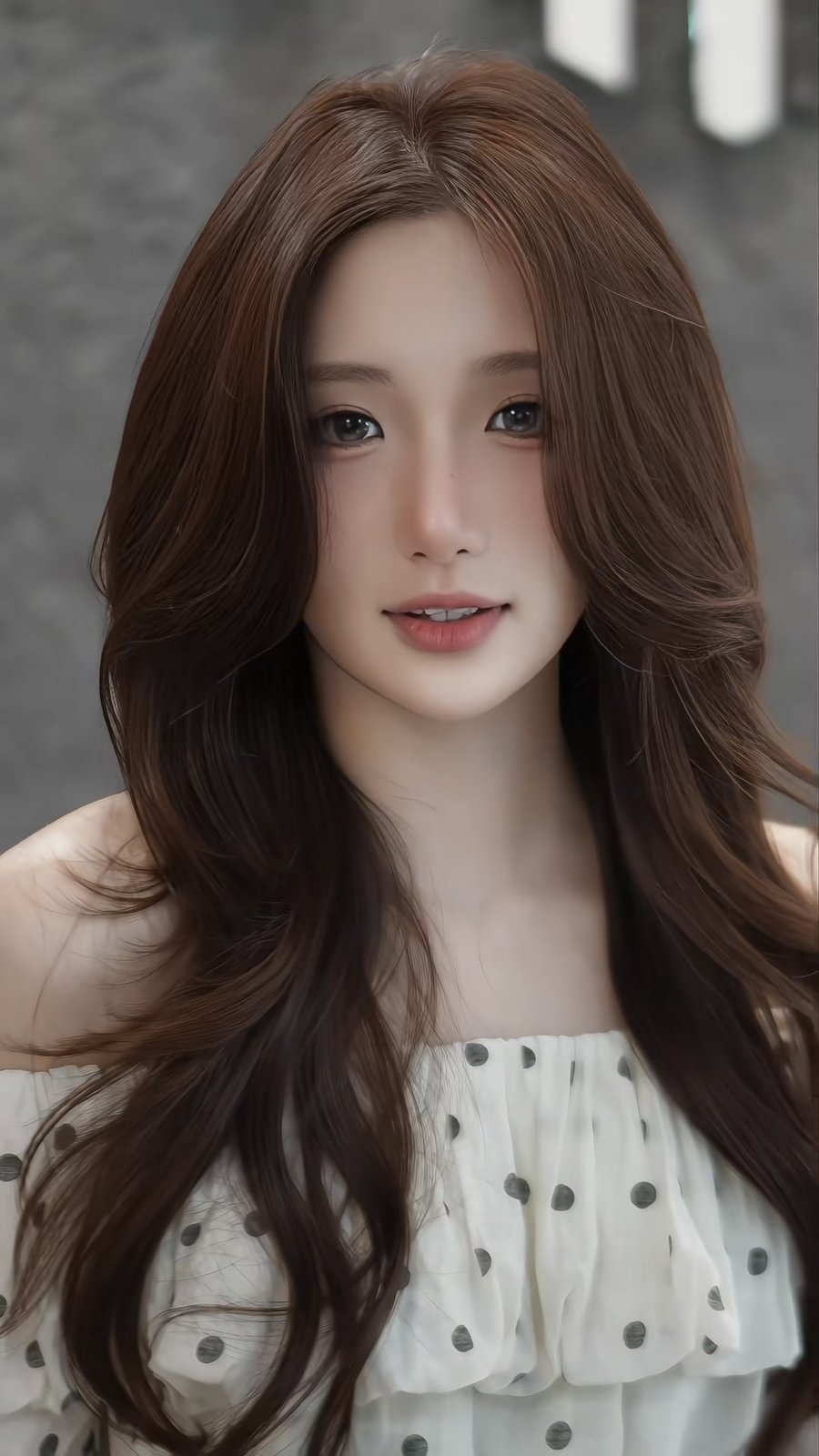 Tóc nâu tây uốn sóng lơi ôm hai bên cằm, kiểu tóc cân lại gương mặt kim cương
