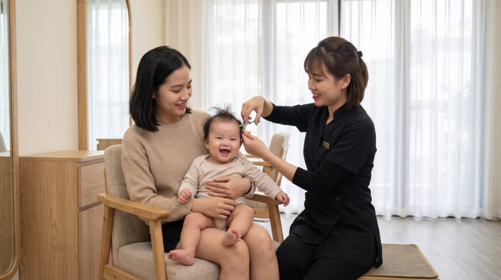 Thợ tóc Nhật Tâm cắt tóc máu cho bé bằng kéo đầu tròn khi bé ngồi trong lòng mẹ