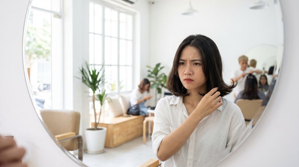 Cô gái tóc ngắn soi gương thấy đuôi tóc bị vểnh ra ngoài tại Nhật Tâm Hair Salon