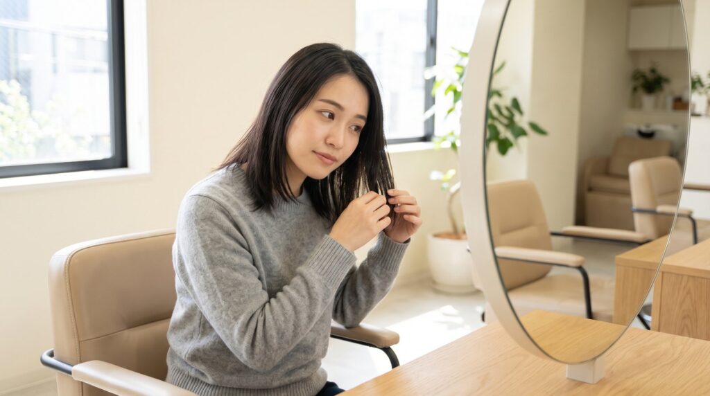 Cô gái soi chân tóc trước gương để kiểm tra dấu hiệu da đầu yếu