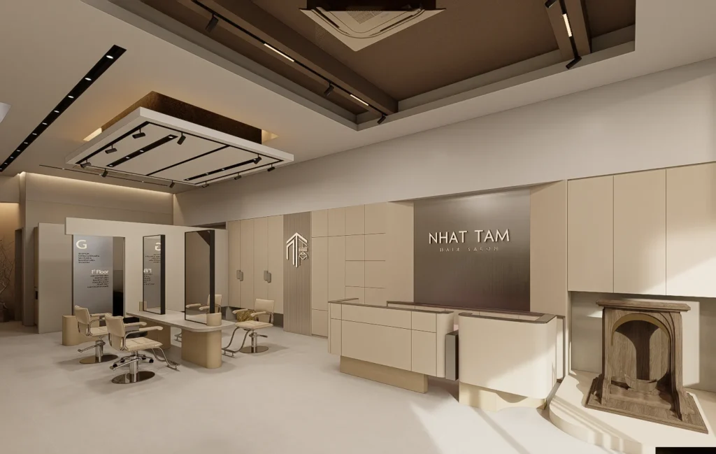 Phối cảnh nội thất Nhật Tâm: quầy lễ tân và khu đón khách