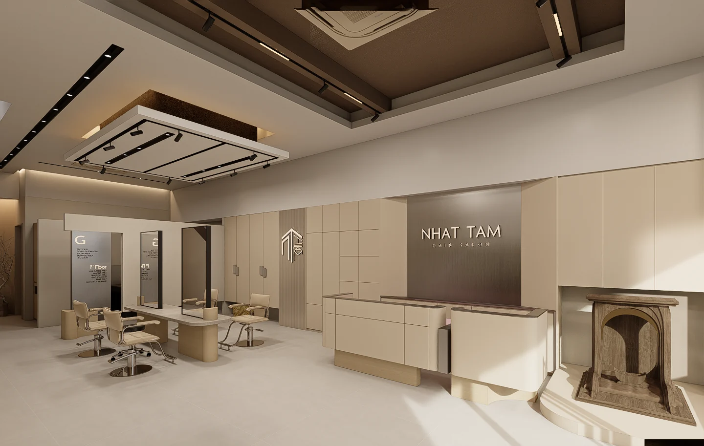 Phối cảnh nội thất Nhật Tâm: quầy lễ tân và khu đón khách