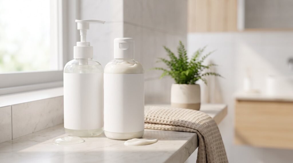 Shampoo là dầu gội hay dầu xả, hai chai đặt cạnh nhau phân biệt bằng kết cấu