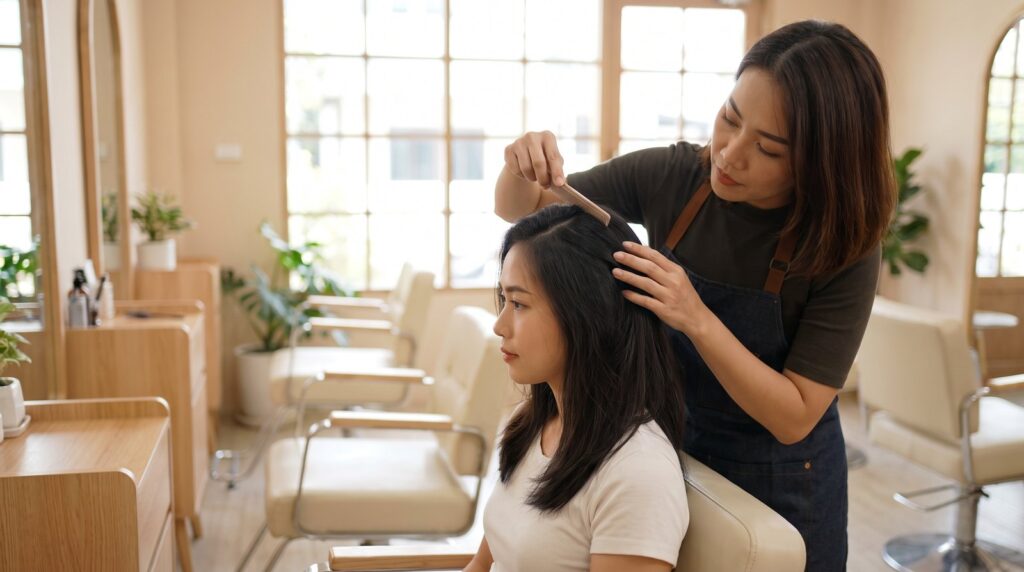 Thợ tóc rẽ ngôi soi da đầu cho khách nữ tại salon Nhật Tâm