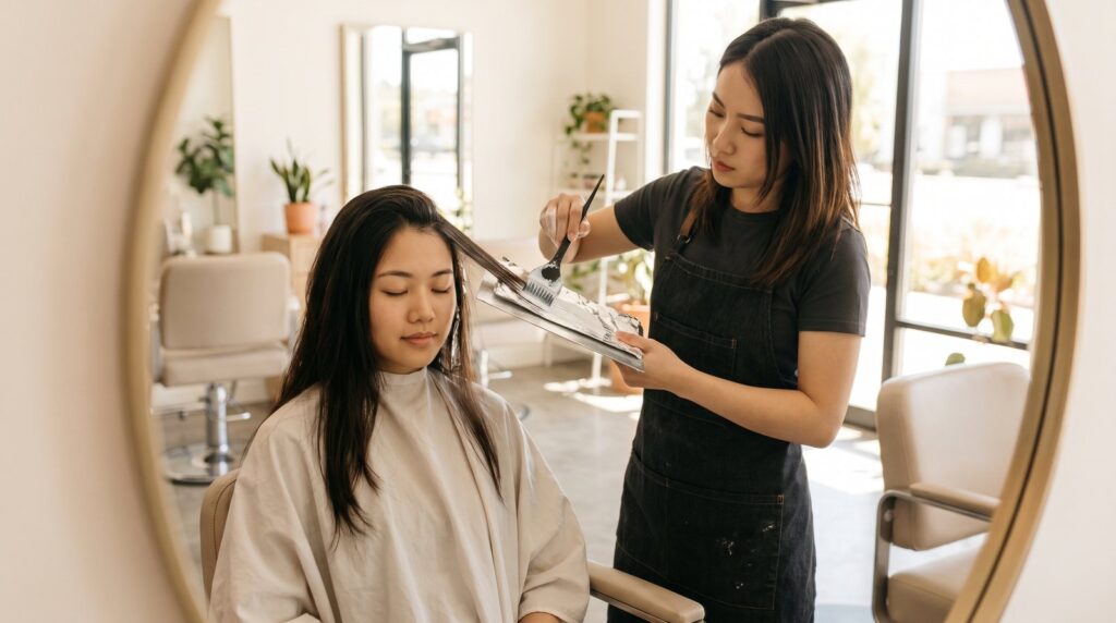 Thợ soi nền tóc để tính tẩy tóc mấy lần ra màu trắng tại salon Nhật Tâm