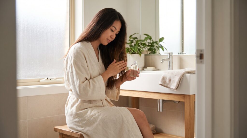 Cô gái ủ tóc bằng dầu dừa cho phần ngọn tóc dài tại nhà