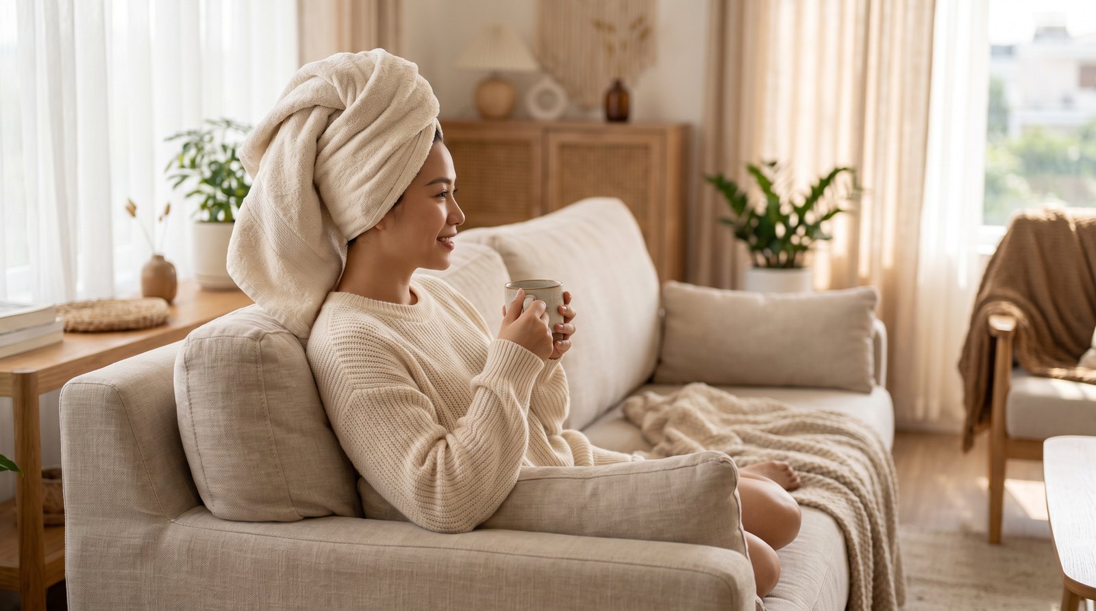 Búi tóc đã thoa dầu dừa và trùm khăn ấm chờ 20 đến 30 phút