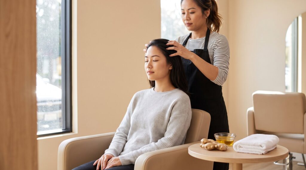 Thợ tóc Nhật Tâm massage da đầu cho khách nữ, bên cạnh có gừng tươi và bát nước cốt gừng