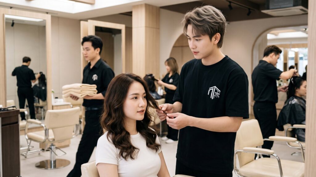 Thợ Nhật Tâm kiểm tra độ đàn hồi lọn tóc uốn trước khi tư vấn uốn tóc có hại không