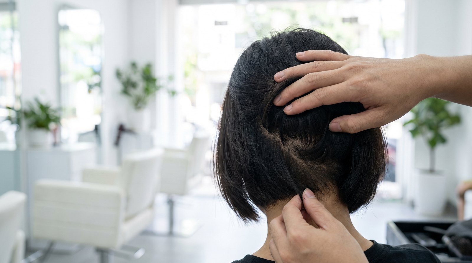 Thợ vén tóc ở gáy cho thấy xoáy tóc khiến tóc ngắn bị vểnh một bên