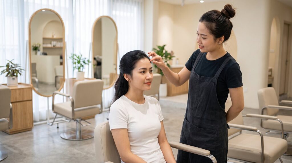 Thợ tóc tư vấn phần tóc mai cho khách nữ tại salon Nhật Tâm
