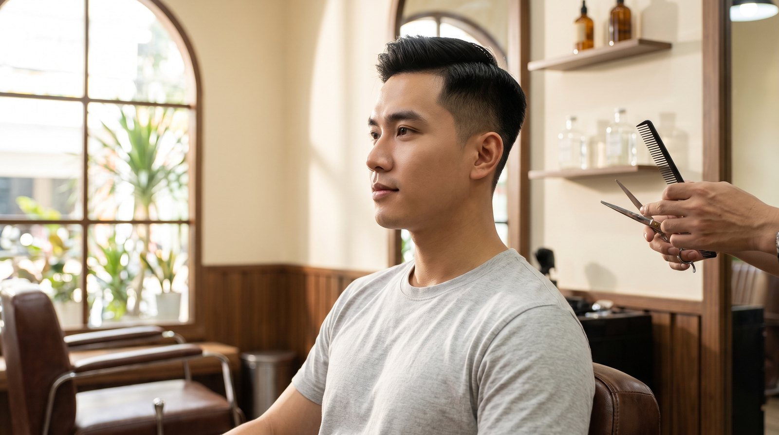 Nam thanh niên để tóc mai tỉa gọn ngang tai tại salon Nhật Tâm