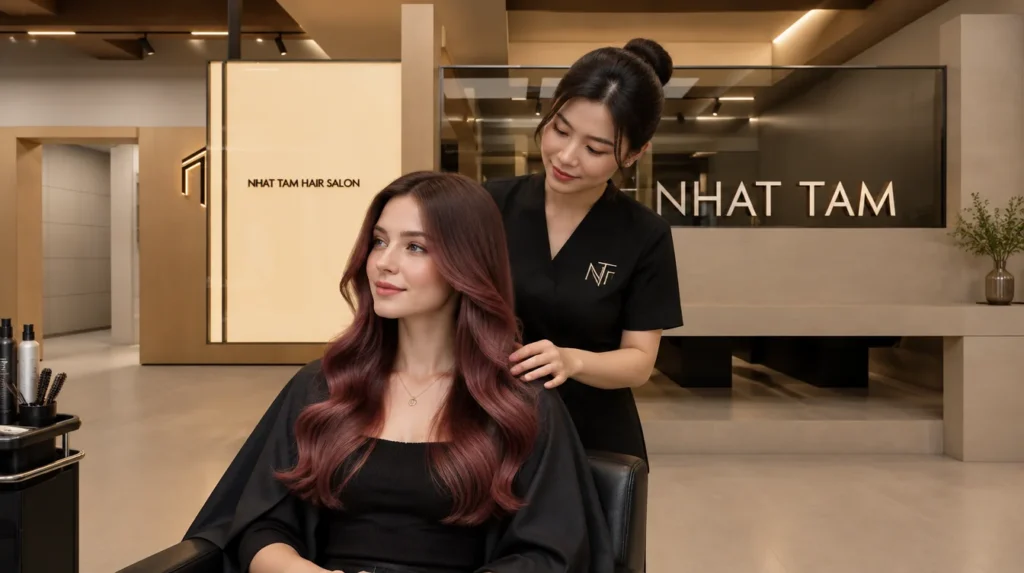 An international visitor with glossy rose-brown hair colour in Hanoi