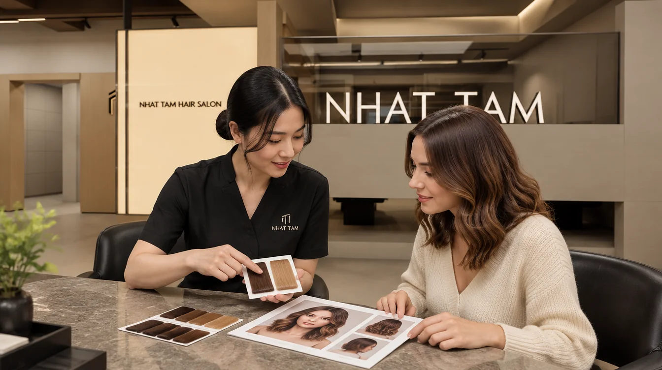 An international visitor discussing hair colour with a Hanoi salon stylist