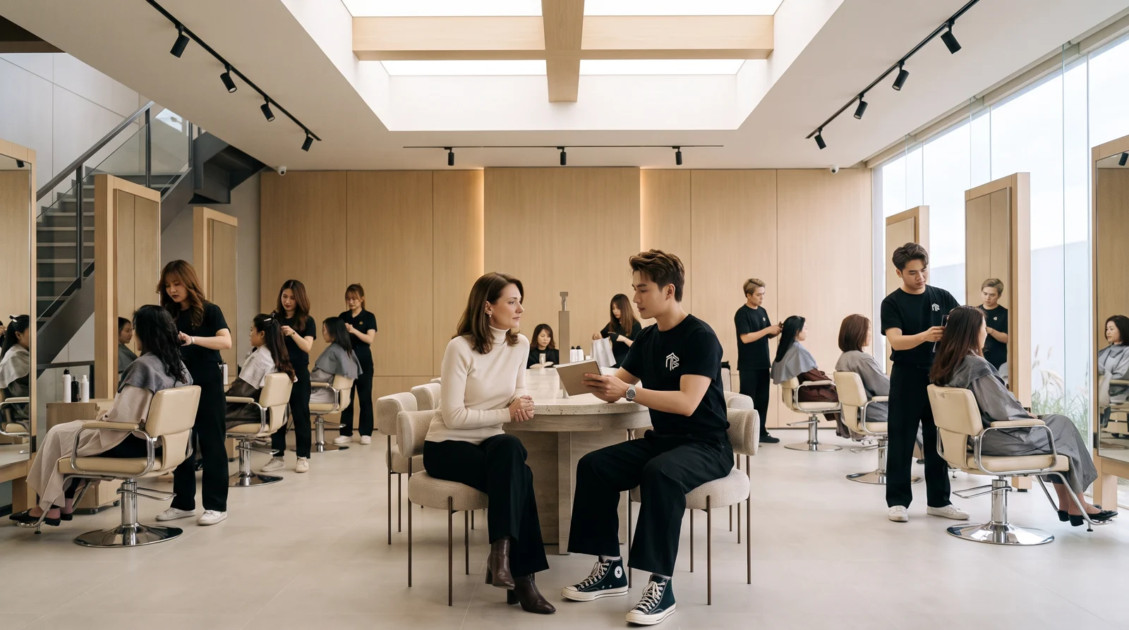 A first-month hair consultation in the Nhat Tam salon setting