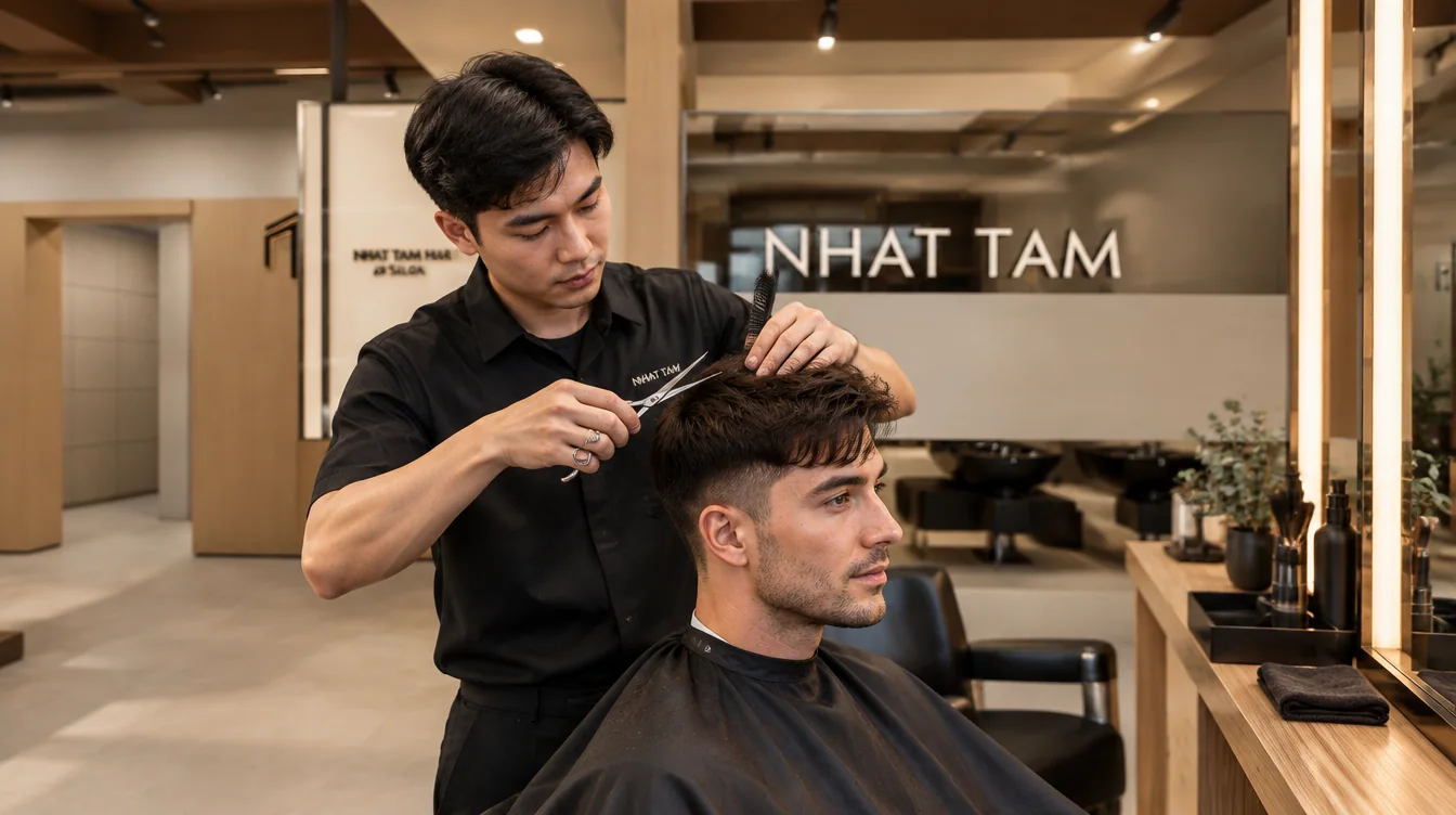 An international male visitor receiving a modern haircut in Hanoi