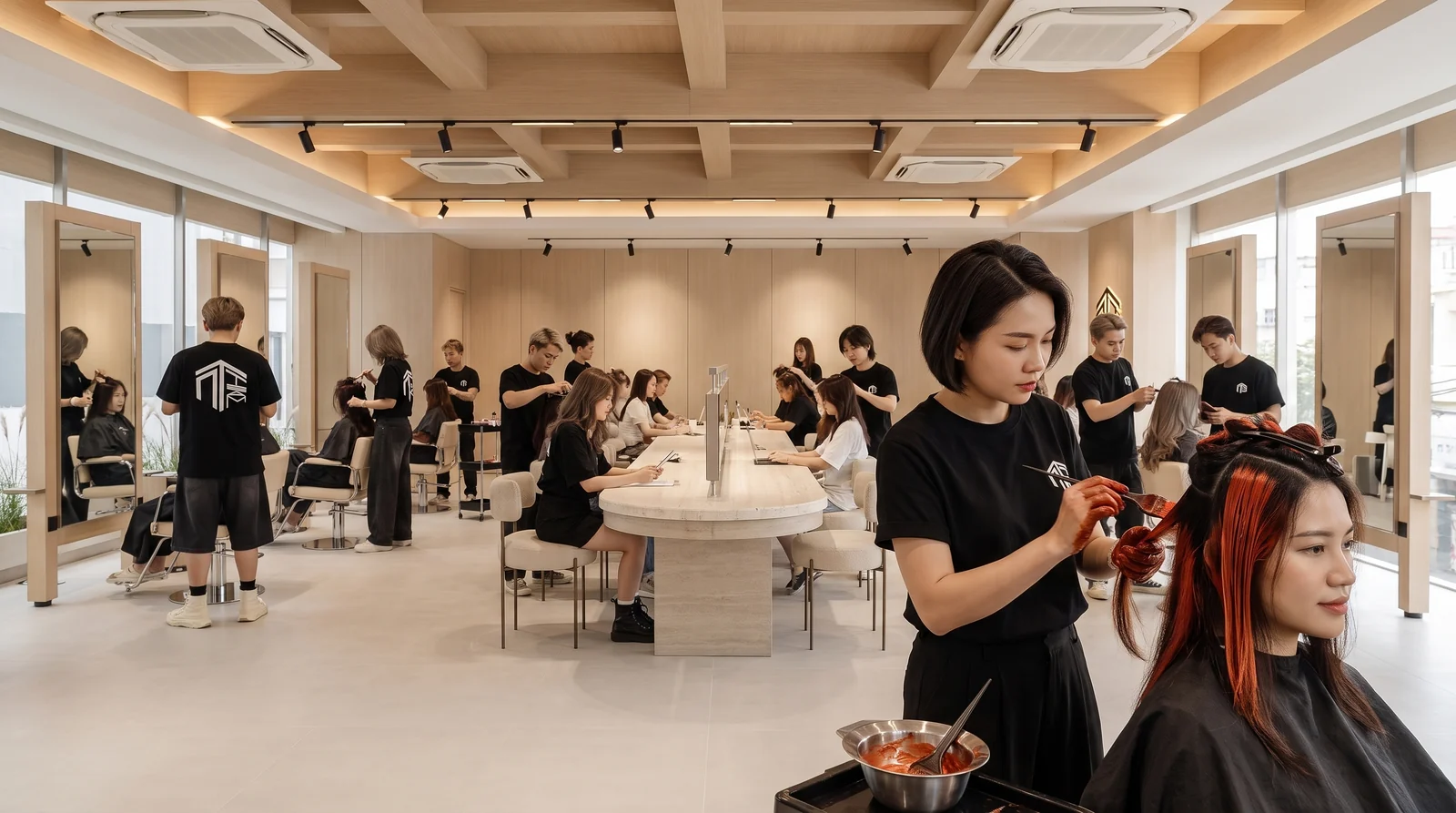 Colourist applying vivid copper red colour cream section by section at Nhat Tam Hair Salon Hanoi