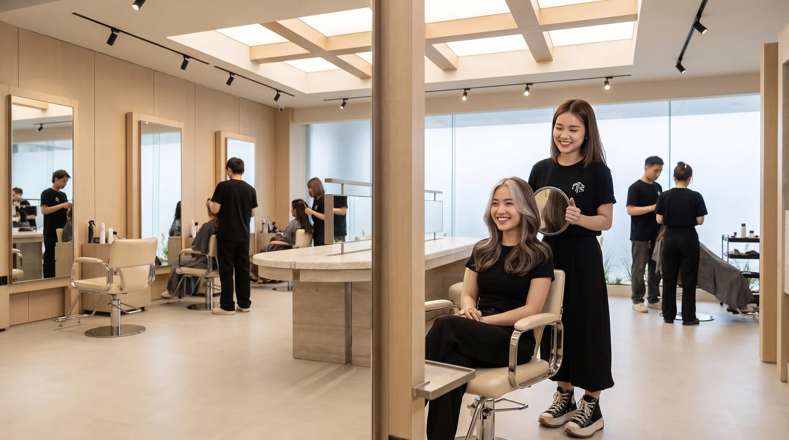 Client seeing her finished icy ash blonde money piece in the mirror at Nhat Tam Hair Salon Hanoi