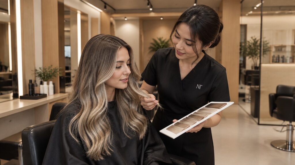 An international guest reviewing ash-blonde balayage with a Nhat Tam stylist