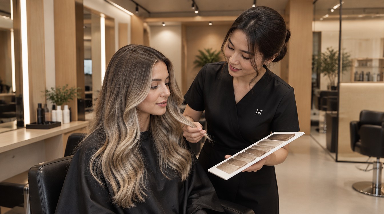 An international guest reviewing ash-blonde balayage with a Nhat Tam stylist