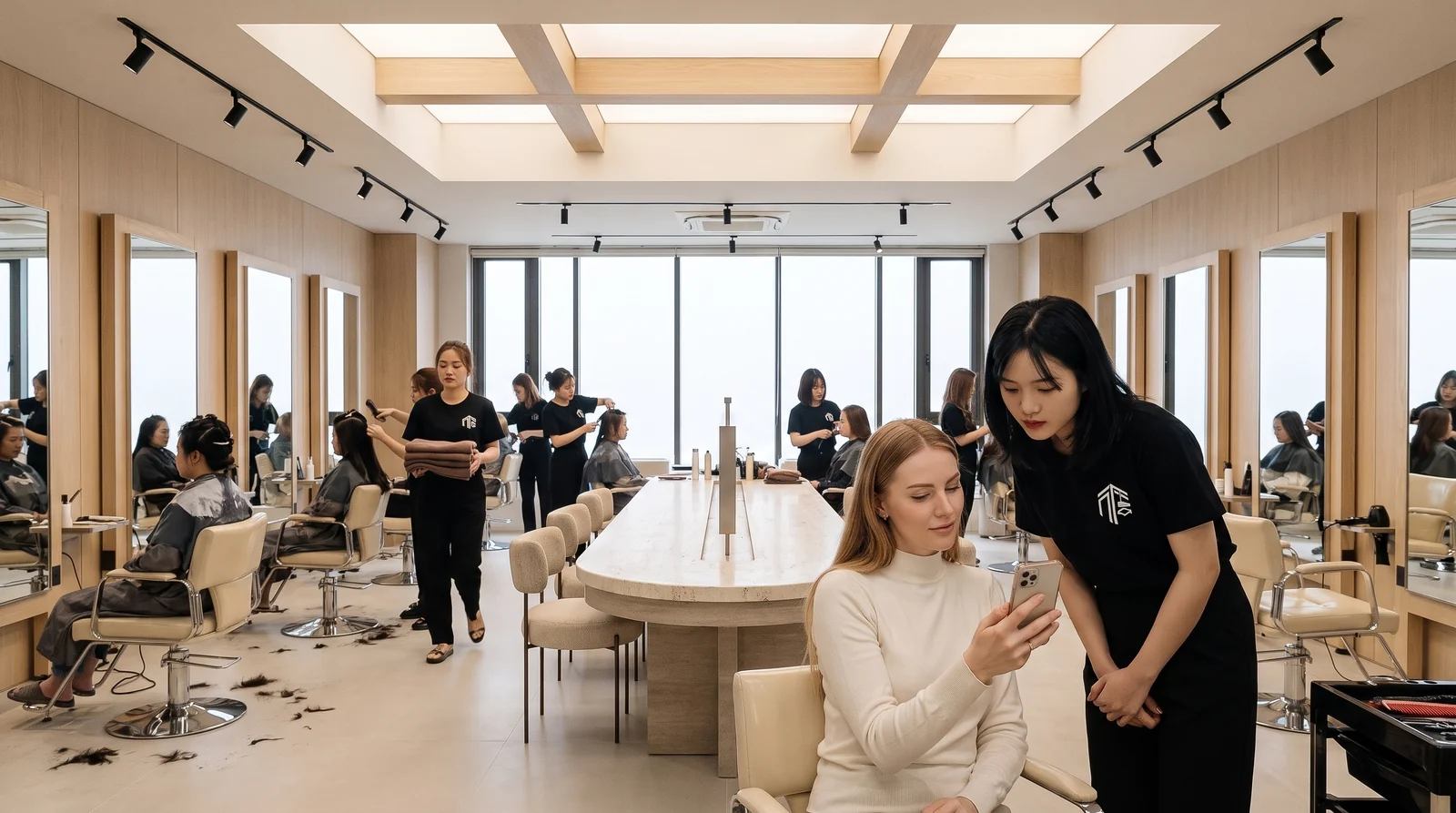 Foreign client showing a phrase on her phone screen to a stylist at Nhat Tam Hair Salon in Hanoi