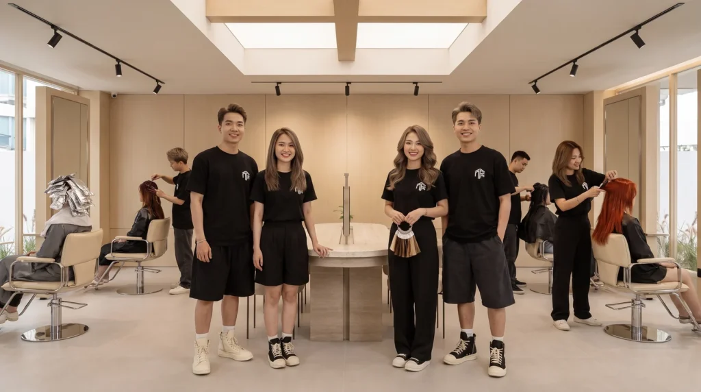 The colour team of Nhat Tam Hair Salon standing on the salon floor in Hanoi
