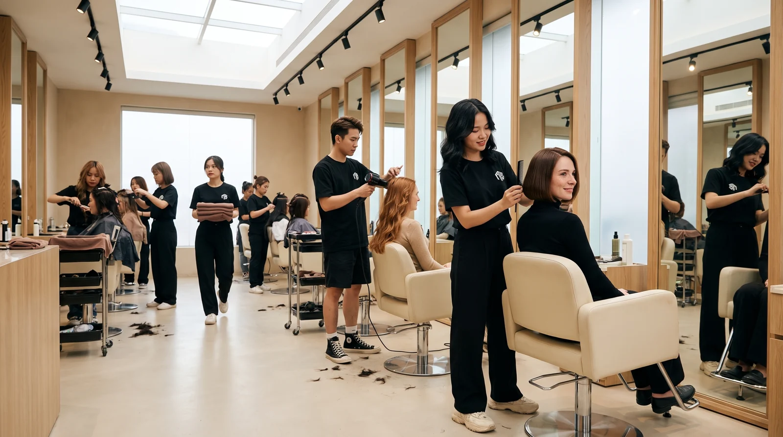European client with a freshly cut chin length bob at Nhat Tam Hair Salon Hanoi while a stylist checks the line and another guest is blow dried
