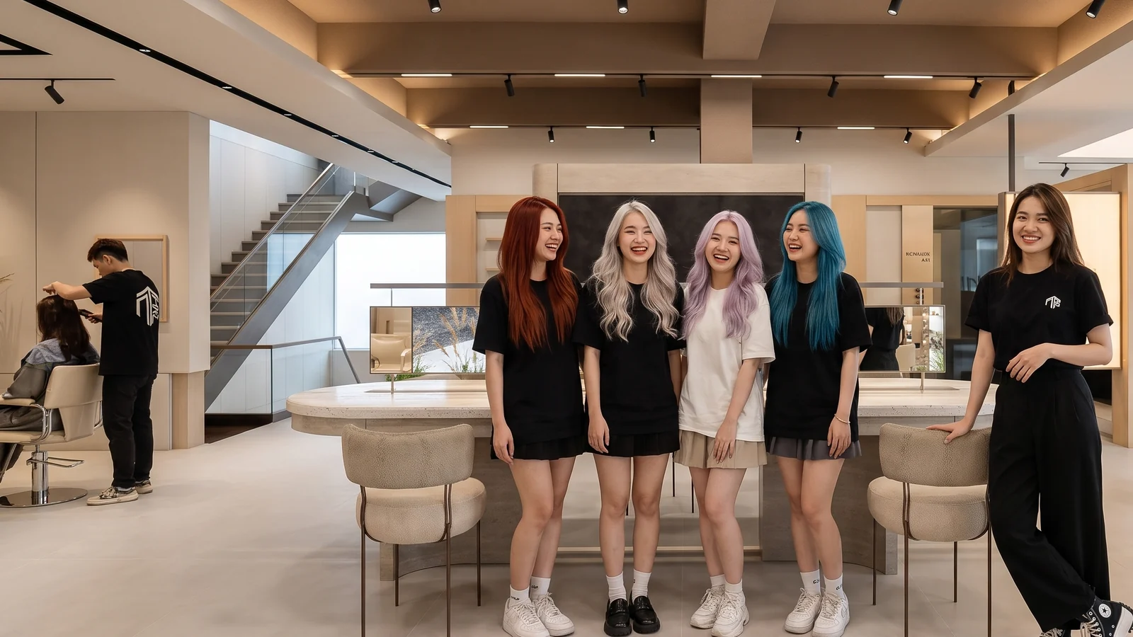 Four clients with copper red, silver blonde, pastel lilac and teal blue hair at Nhat Tam Hair Salon Hanoi