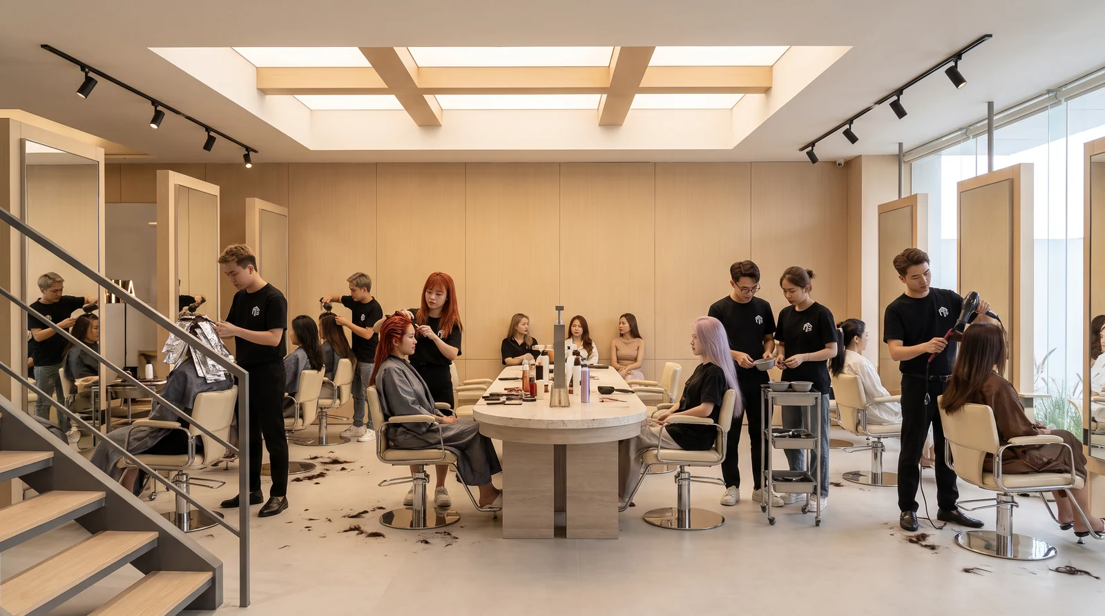 Every styling chair taken on the upper floor of Nhat Tam Hair Salon in Hanoi