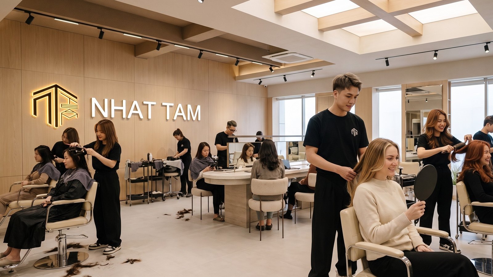 English speaking stylist checking a foreign client's blonde hair at Nhat Tam Hair Salon in Hanoi while other clients are styled nearby