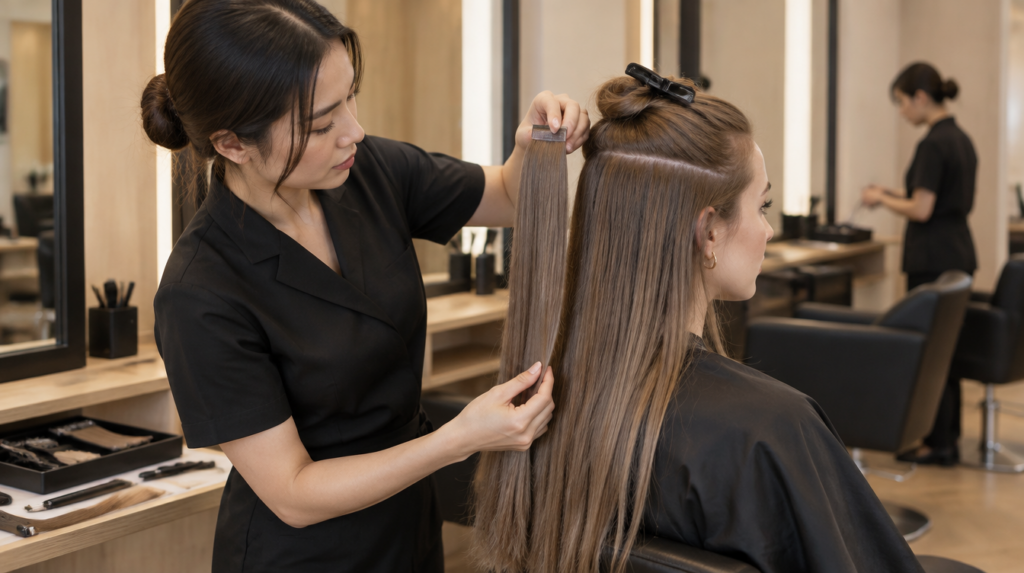 Hair extension colour matching and placement consultation at Nhat Tam Hair Salon