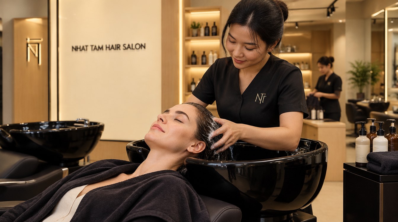 An international visitor receiving a salon hair wash at Nhat Tam