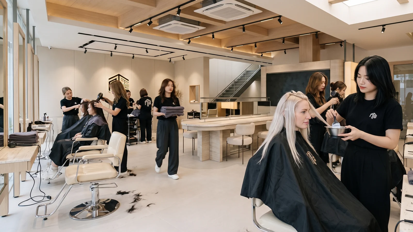 Stylist painting toner through a European client's platinum blonde hair at Nhat Tam Hair Salon in Hanoi while other clients are blow dried around the busy floor
