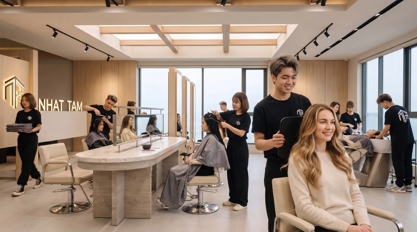 Foreign client with long blonde hair at Nhat Tam Hair Salon in Hanoi while a caped client is treated at the next chair