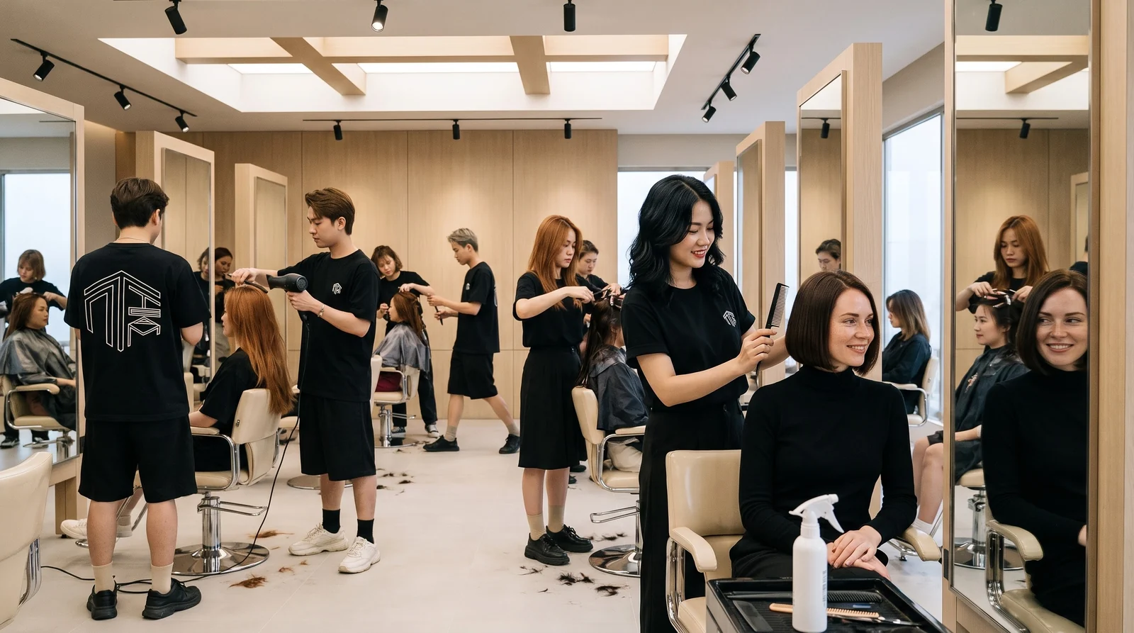 Mirror view of a busy styling floor at Nhat Tam Hair Salon in Hanoi with several stylists working at once