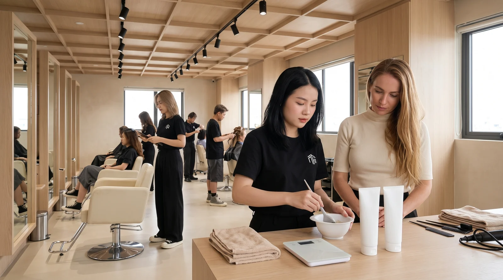 Colourist at Nhat Tam Hair Salon Hanoi mixing colour in a clean white bowl at the counter while a foreign client stands beside her and watches