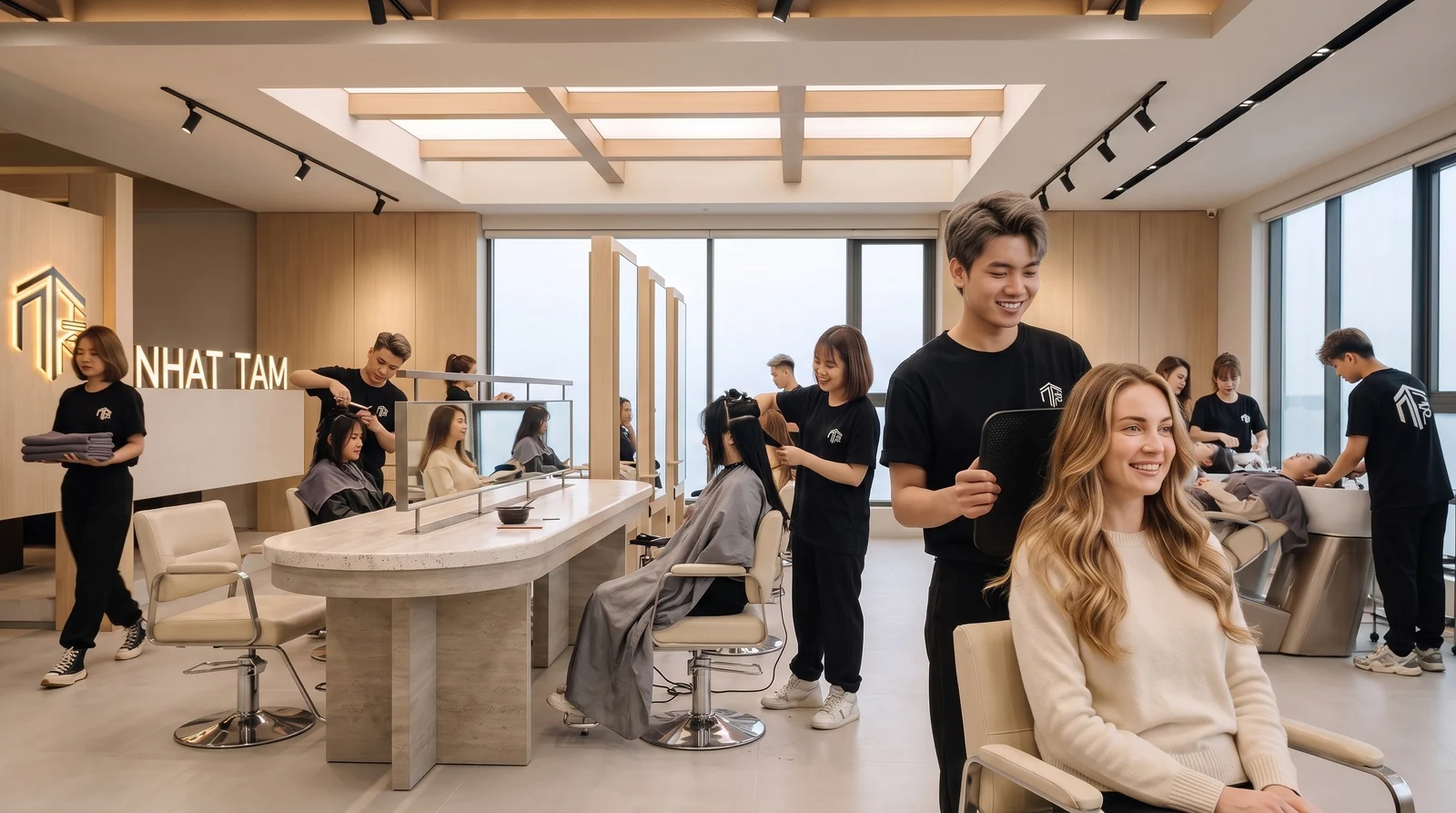 Stylist showing the back of a blonde client's hair with a hand mirror at Nhat Tam Hair Salon in Hanoi while other clients are styled behind