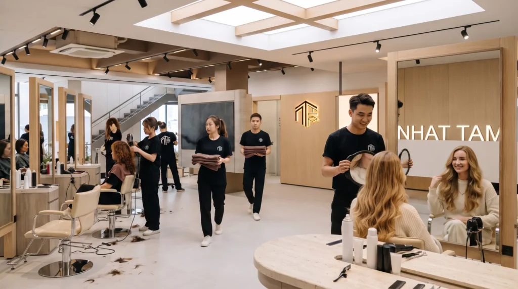 Honey blonde waves after a fresh colour at the Nhat Tam Hanoi salon, checked with a hand mirror