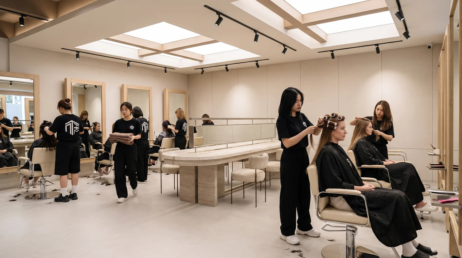 Two European women clients having a Korean style perm and a layered blow dry at Nhat Tam Hair Salon in Hanoi while the rest of the floor is busy with other clients