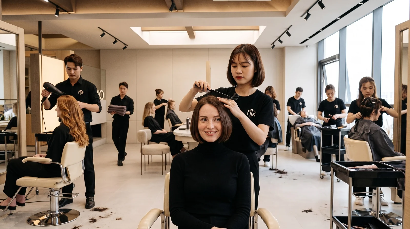 Stylist finishing a brown bob for a European client at Nhat Tam Hair Salon in Hanoi while another client is blow dried at the back