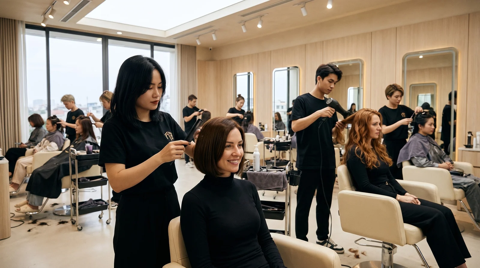 Two stylists working on foreign and local clients at Nhat Tam Hair Salon in Hanoi with every chair taken
