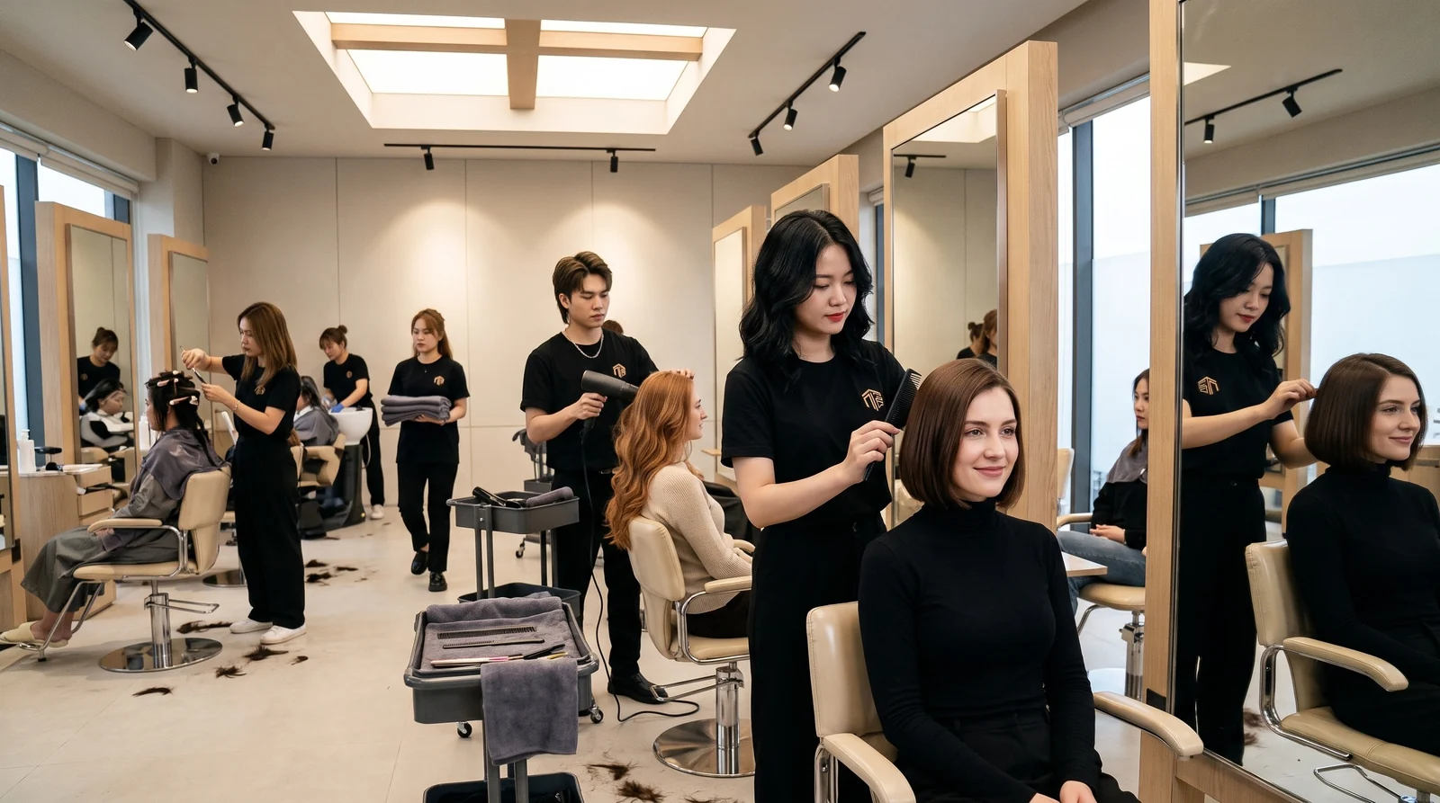 Mirror view of a stylist smoothing a client's bob at Nhat Tam Hair Salon in Hanoi with other clients being dried behind