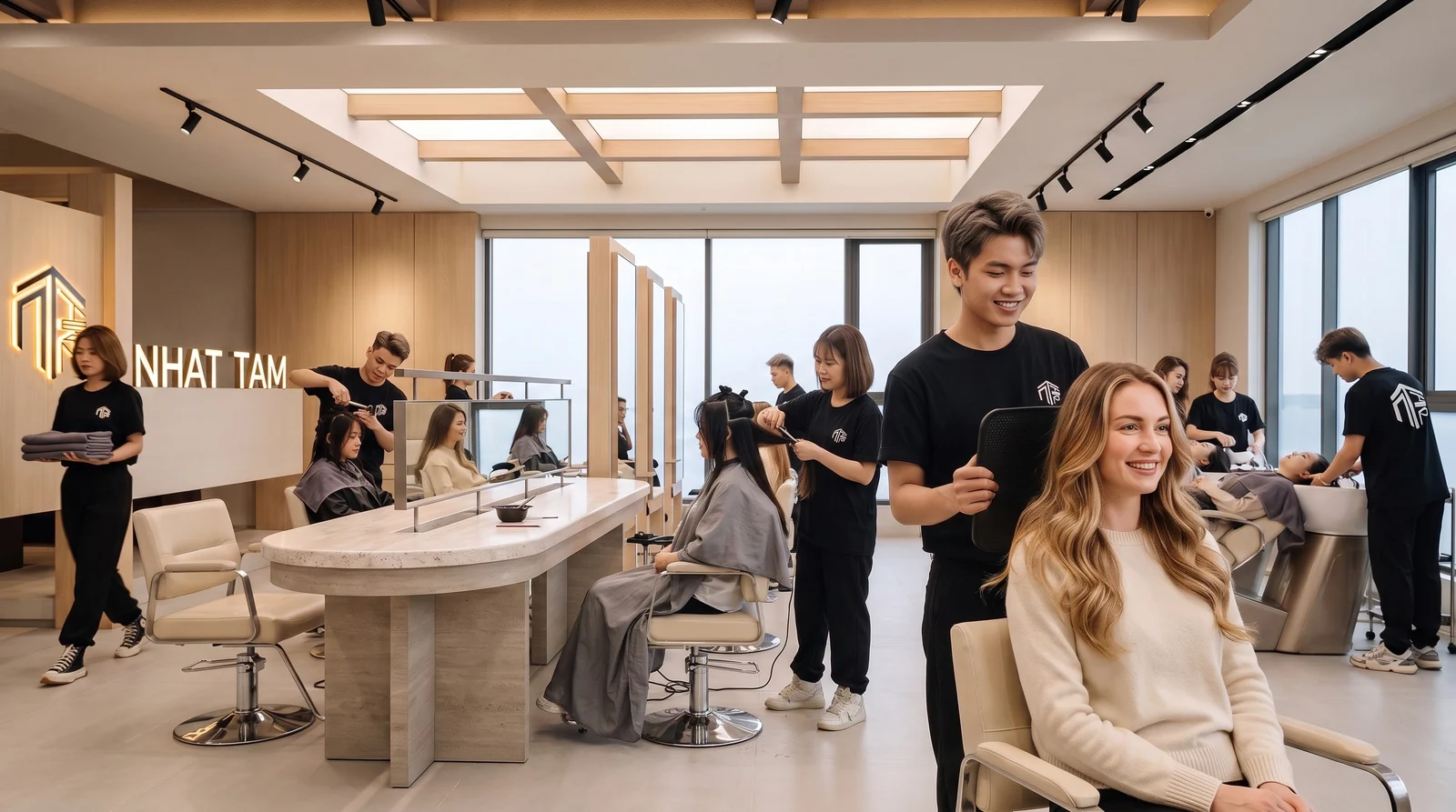 Blonde foreign client smiling after styling at Nhat Tam Hair Salon in Hanoi with the styling floor busy behind her