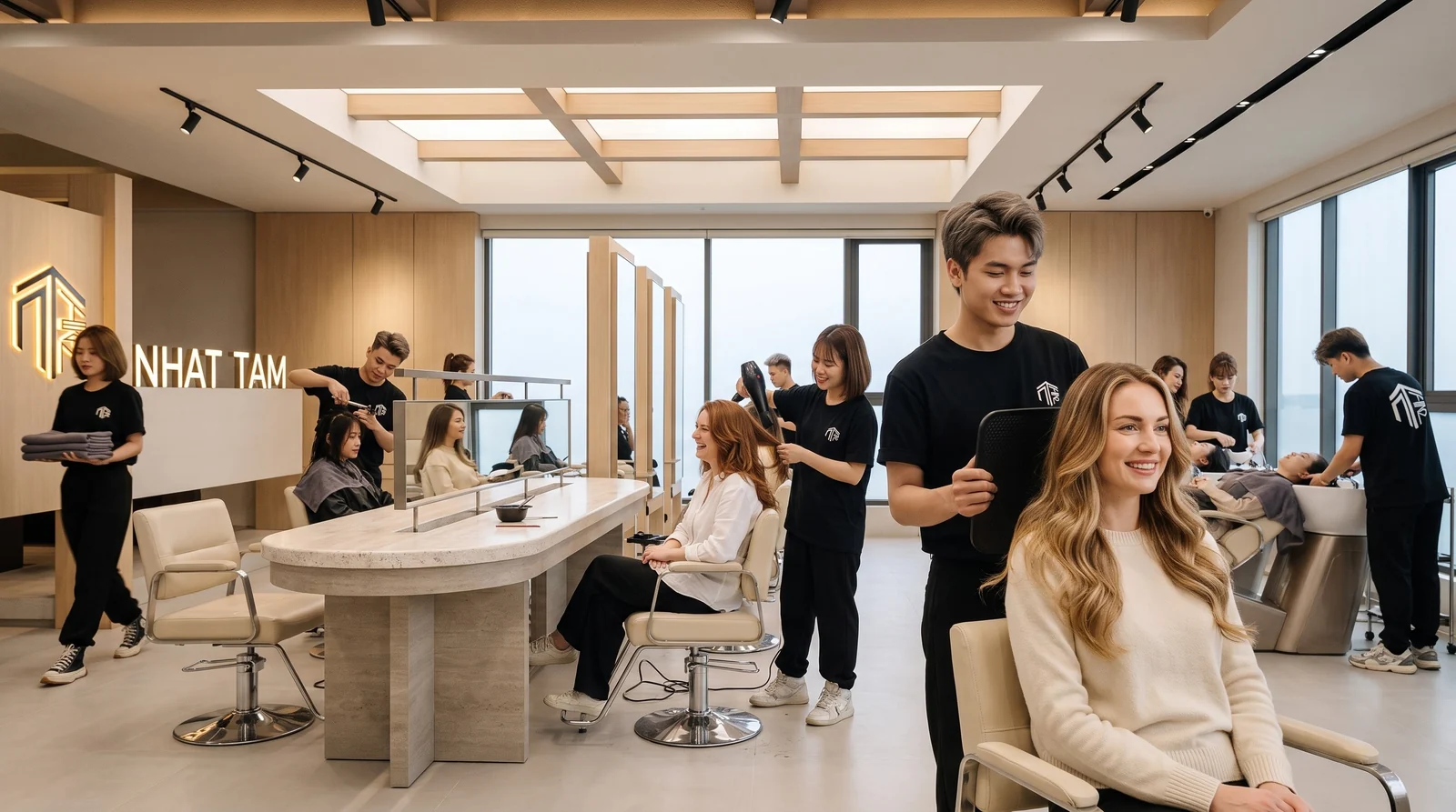 Foreign client with long blonde balayage holding a mirror at Nhat Tam Hair Salon in Hanoi under the salon sign