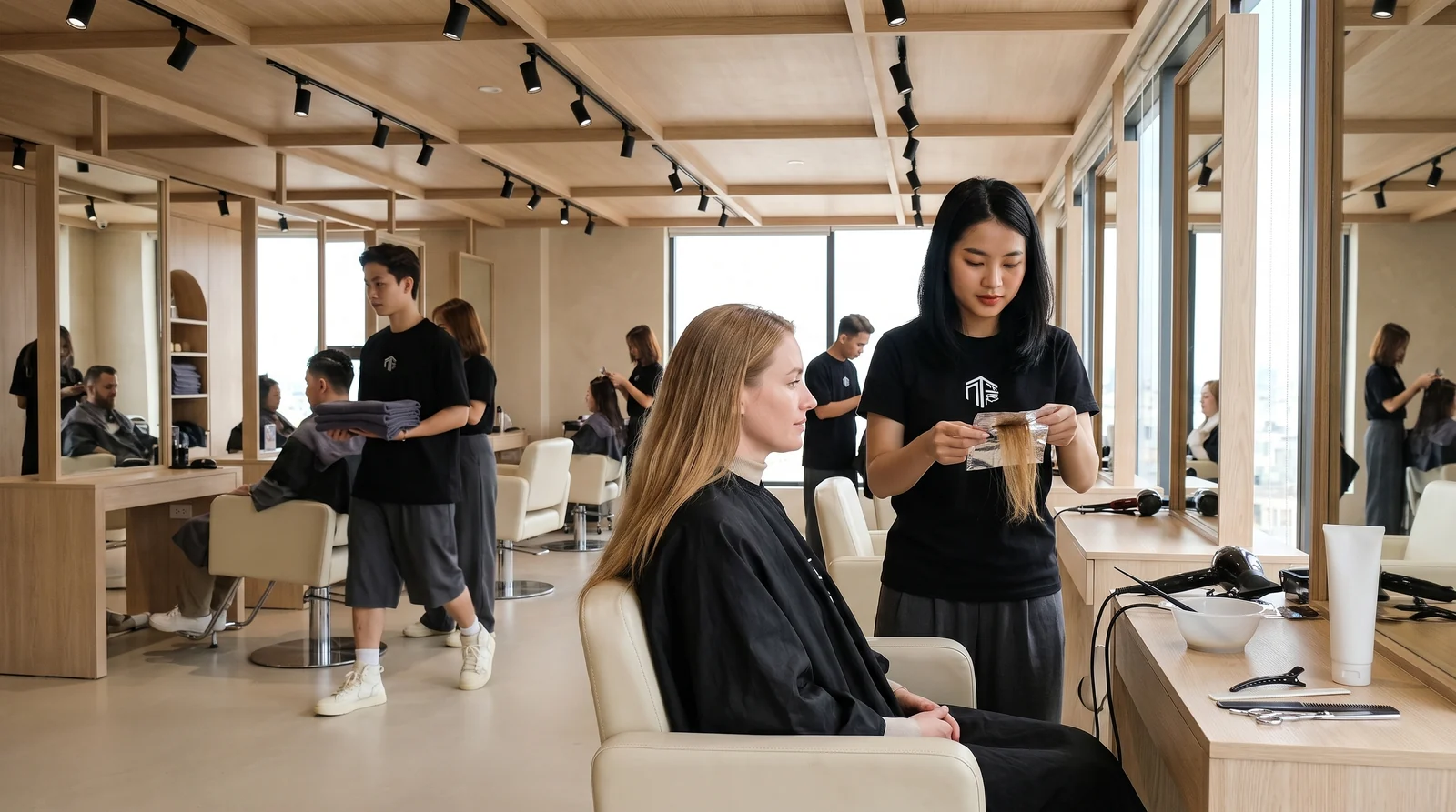 Stylist in Hanoi lifting a small foil wrapped test section of a foreign client's blonde hair to the light to check how the colour is taking