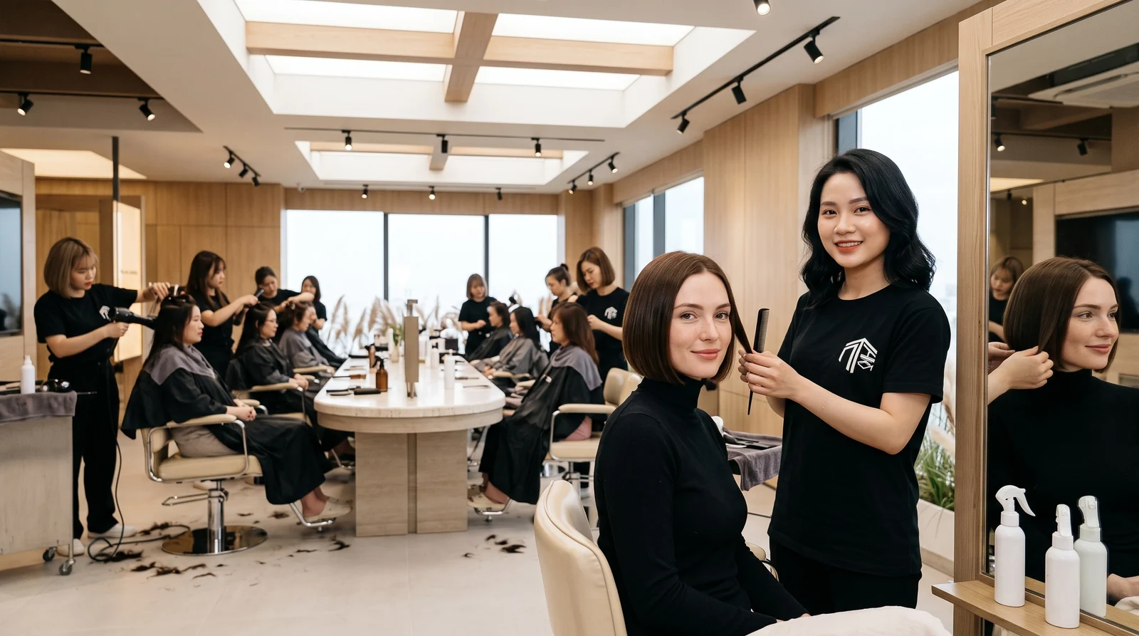 Stylist combing a client's bob at Nhat Tam Hair Salon in Hanoi beside a round table full of waiting clients