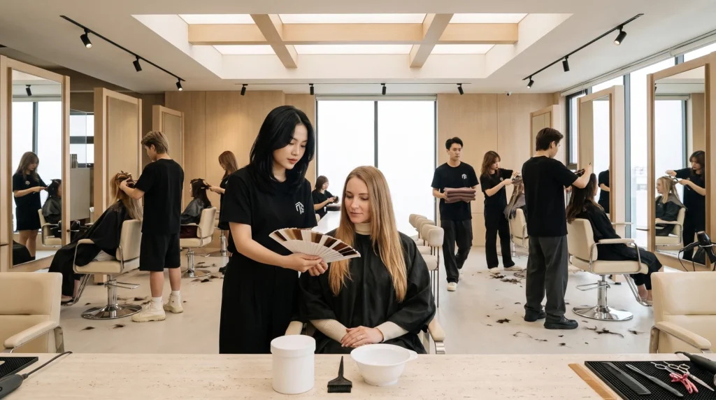 Stylist at Nhat Tam Hair Salon in Hanoi holding a fan of colour swatches beside the hair of a seated foreign client, with a plain tub, mixing bowl and tint brush on the counter