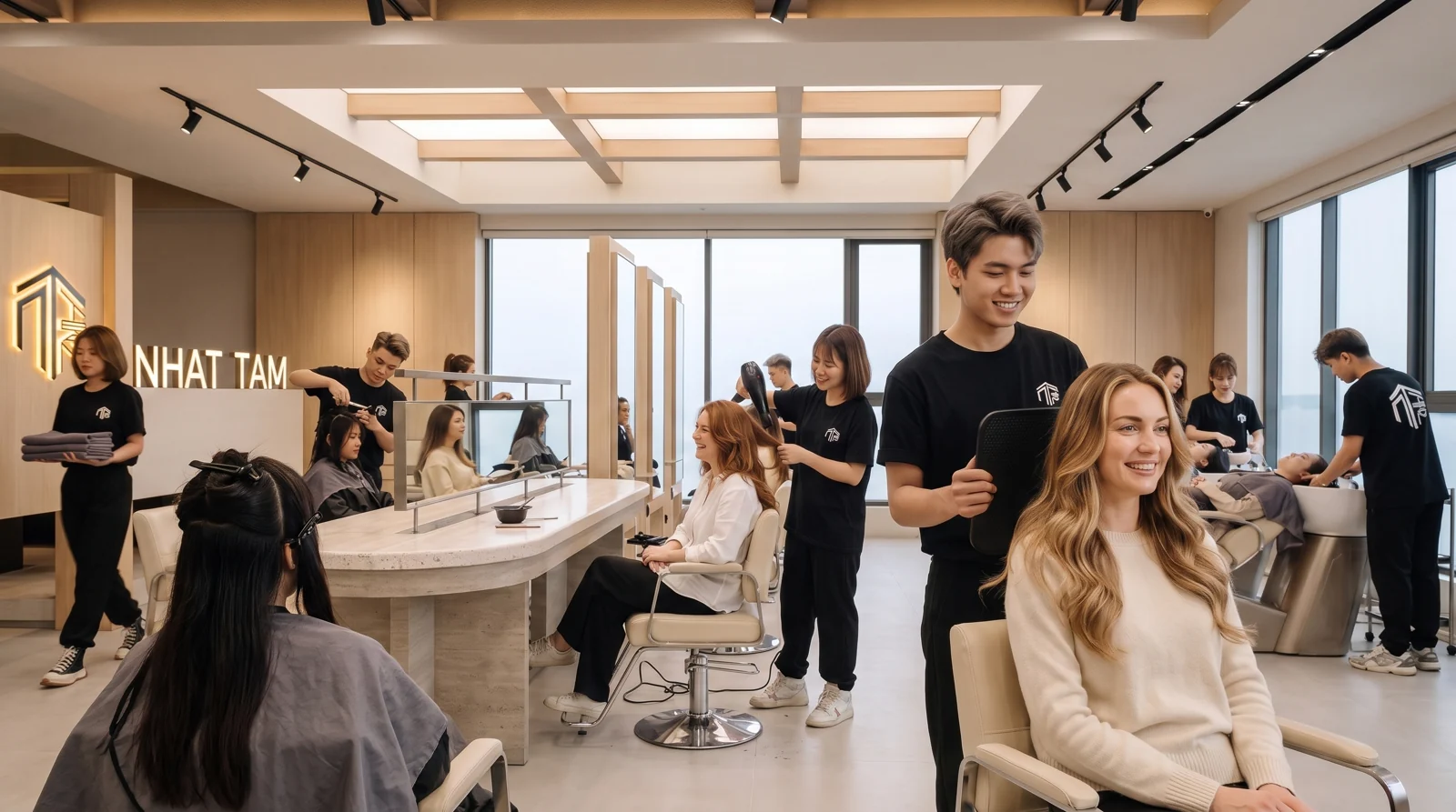 International client admiring her honey blonde balayage in a hand mirror at Nhat Tam Hair Salon Hanoi on a busy afternoon